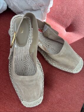 Vince Tan Suede Slingback Espadrille Flats with Gold Buckle